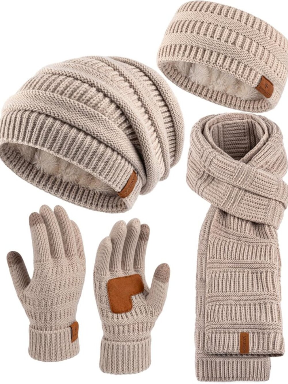 Cozy Winter Beanie, Scarf, Gloves & Headband Set - Fleece Lined, Touchscreen